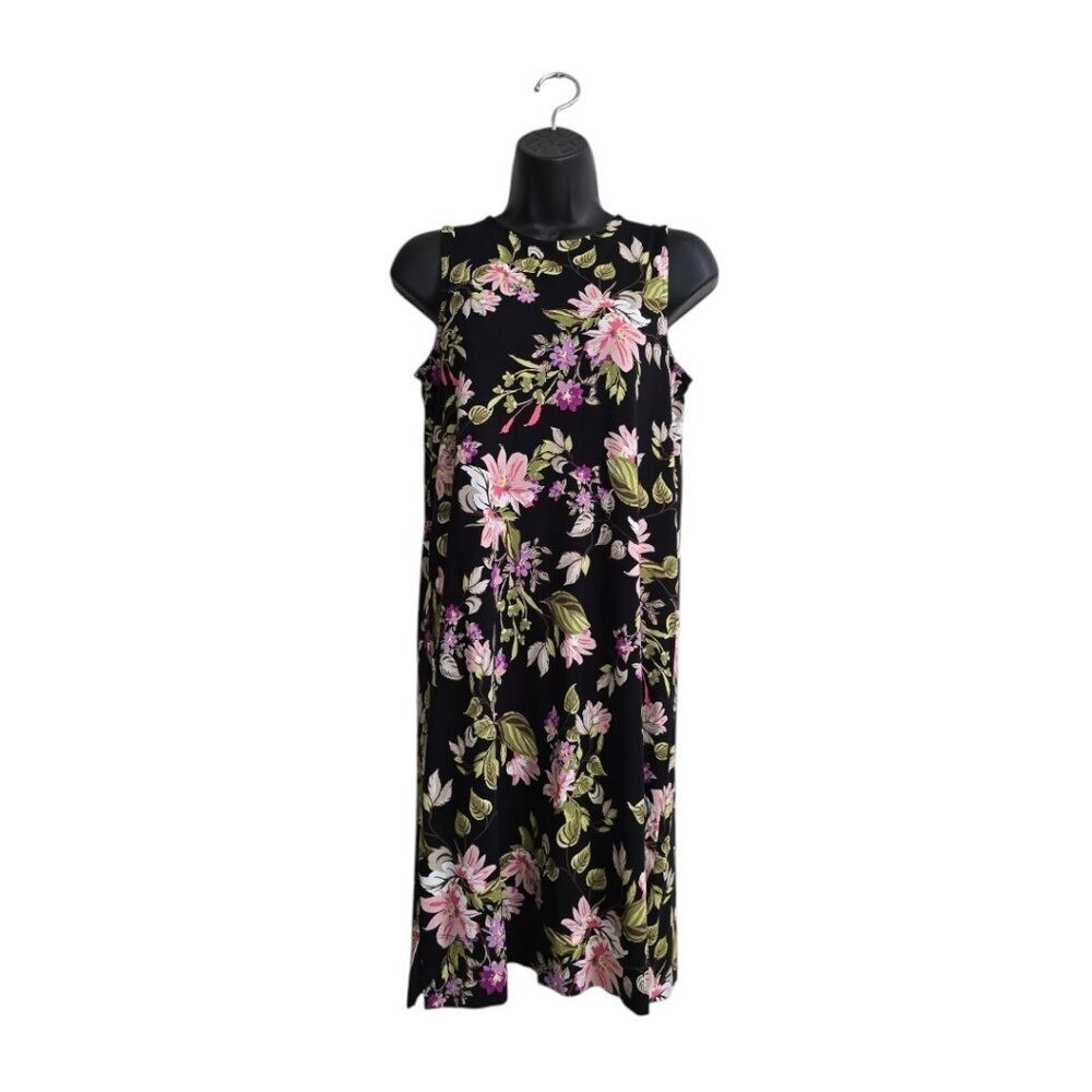 J. Jill Black Tropical Floral Jersey Knit Sleeveless Mini Shift Dress Sz XS